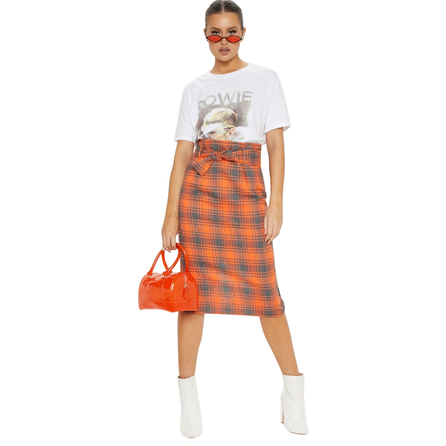 Plaid Midi Wild Belt A-line Skirt