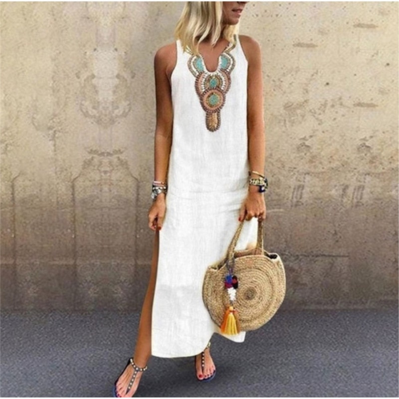 V-neck cotton and linen split dress
