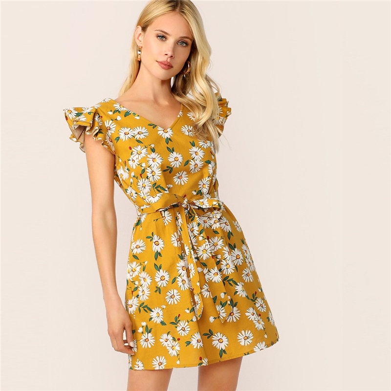 Women's daisy print lace-up V-neck summer dress