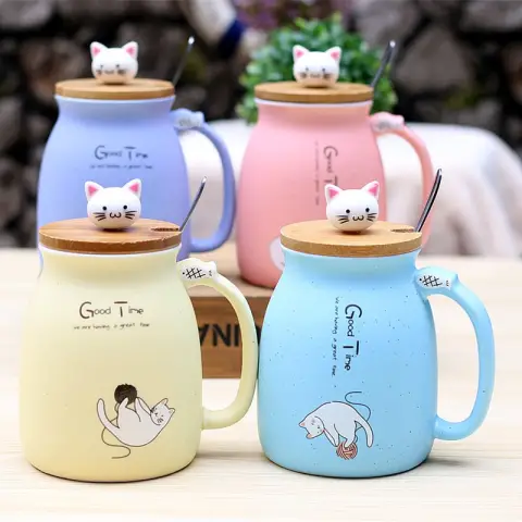 450ml Cartoon Ceramics Cat Mug with Lid and Spoon