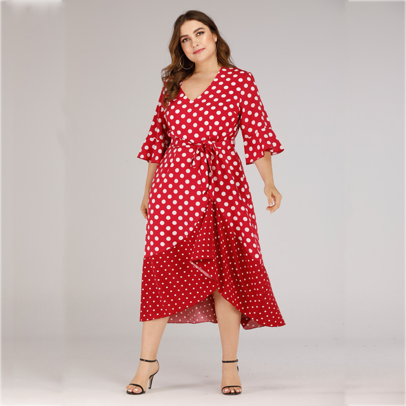 Plus size V-neck lace ruffled polka dot dress