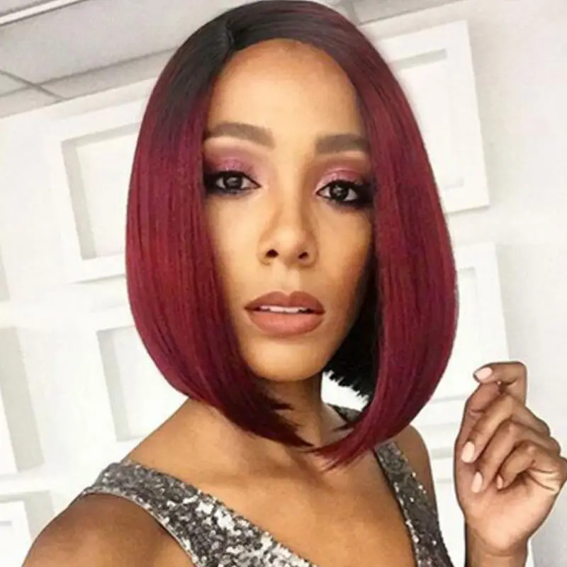 Dyeing Mid-point Wig Female Black Gradient Wine Red Bobo