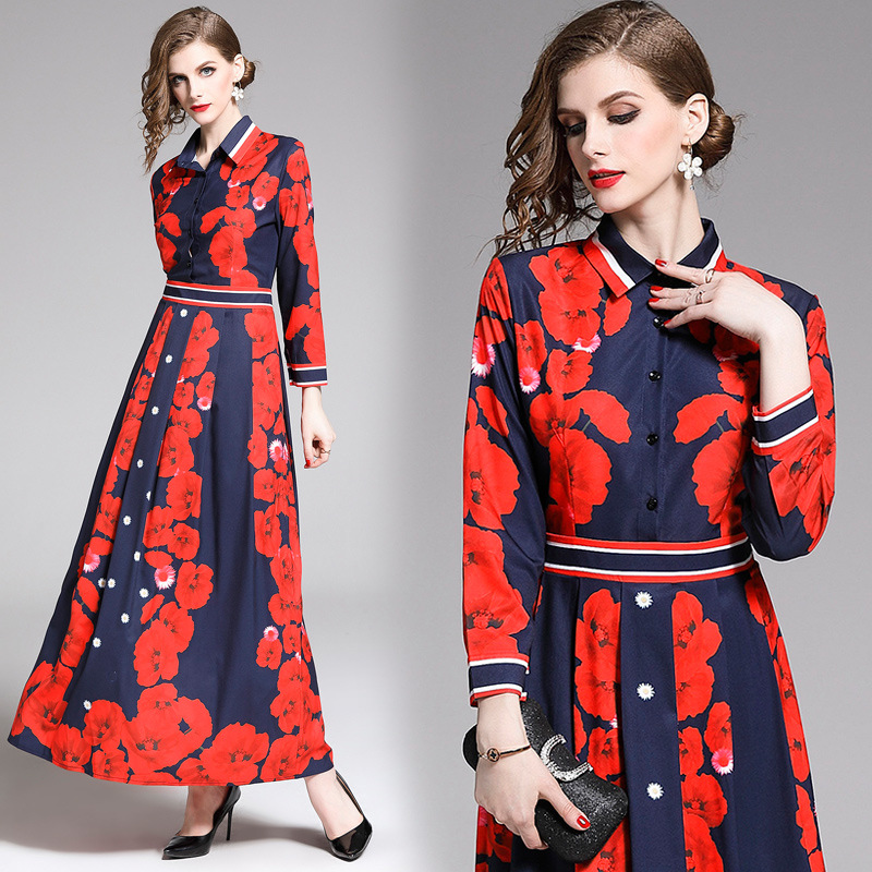 All-match slim slimming printed waist dress