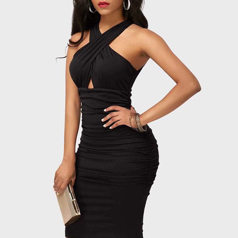 Solid color cross strap sleeveless hip dress