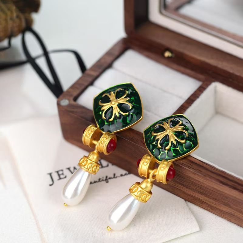 S925 Silver Needle Retro Style Enamel Earrings For Women Colorful Crystal Stud Earrings Fine Jewelry Gift