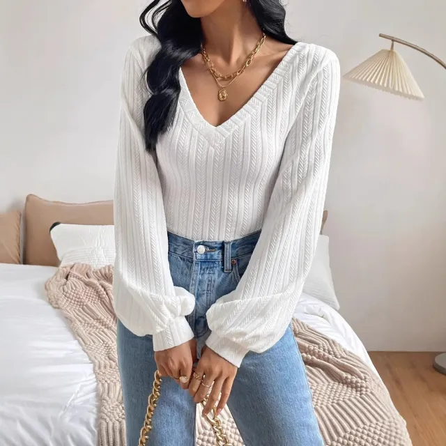 Women's Spring And Autumn Solid Color Bishop Sleeve V neck Long Sleeve T shirt White - Shop at LoveMi