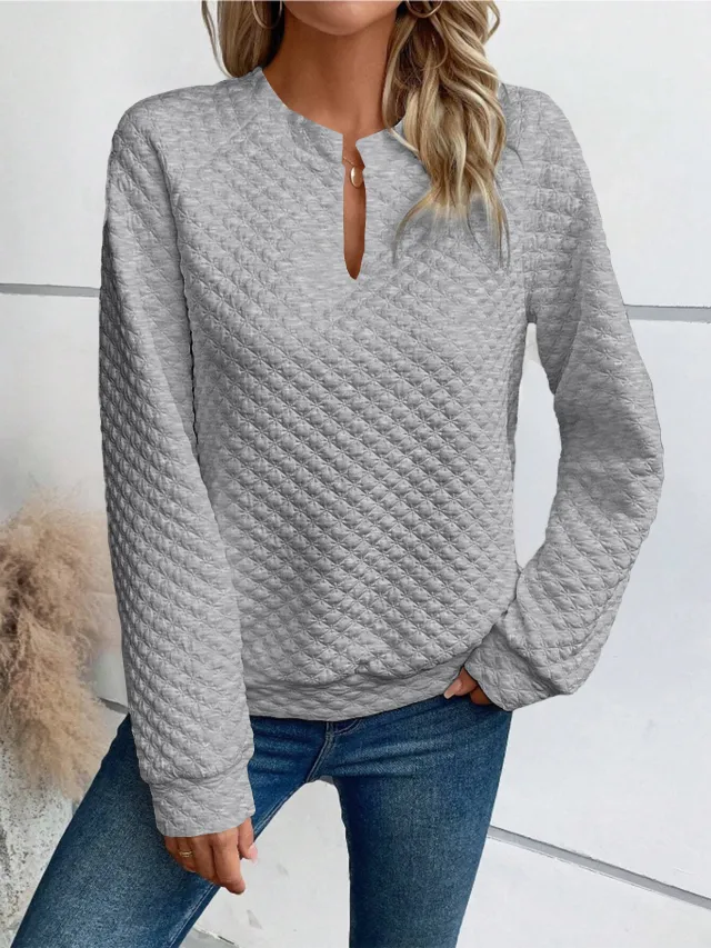 Fashion V neck Long sleeved T shirt French Style Casual Solid Color Plaid Sweatshirt Top Womens Clothing Light Grey - Shop at LoveMi