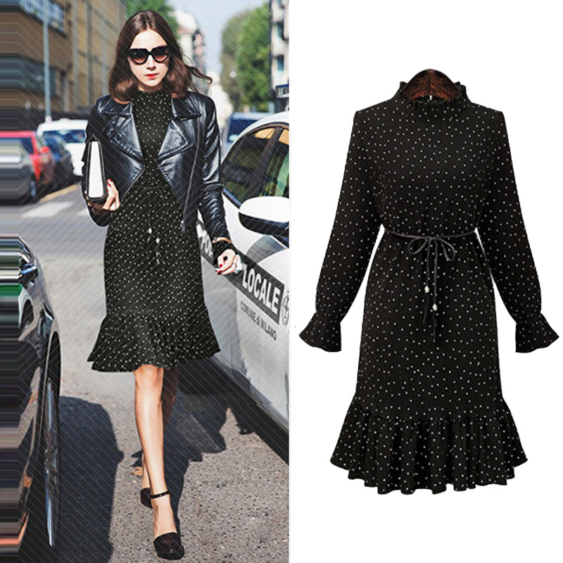 Black polka dot chiffon dress with lotus leaf sleeves