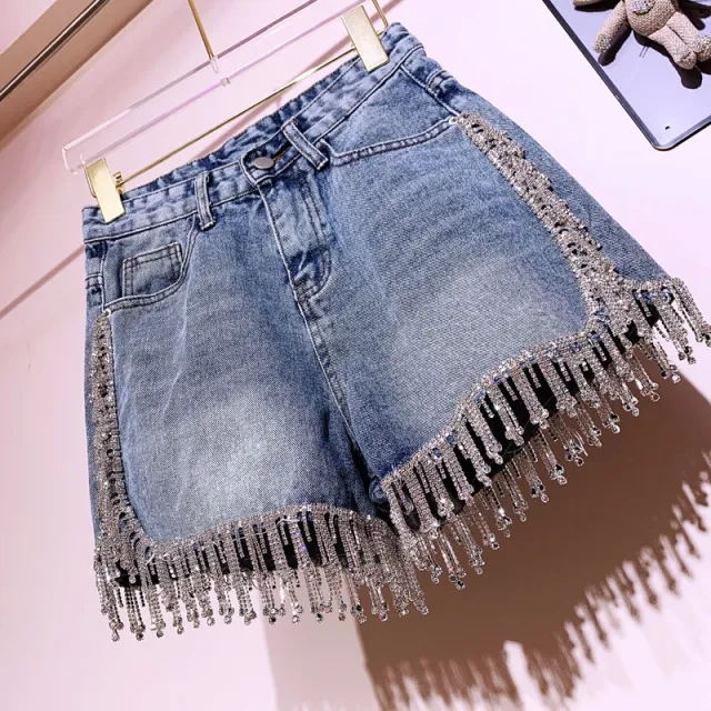 Rhinestone tassel high waist denim Blue - Shop at LoveMi