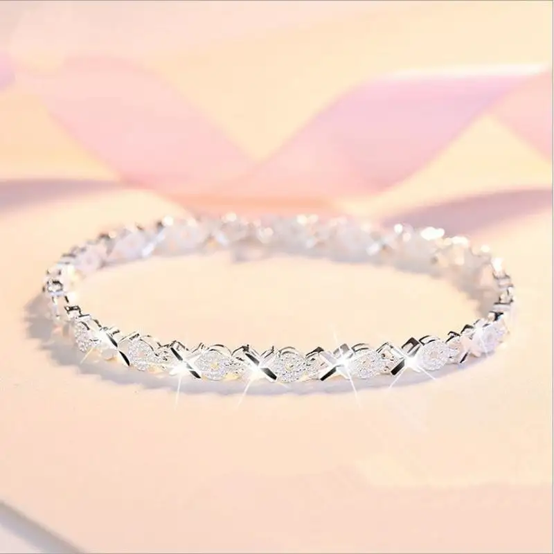 Sterling Silver Bracelet Female Wedding Accessories Ladies Fashion Zircon Geometric Bracelet