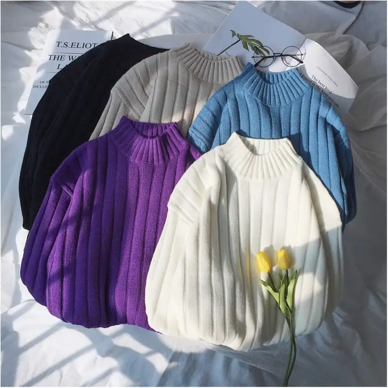 Solid color turtleneck vertical stripe sweater