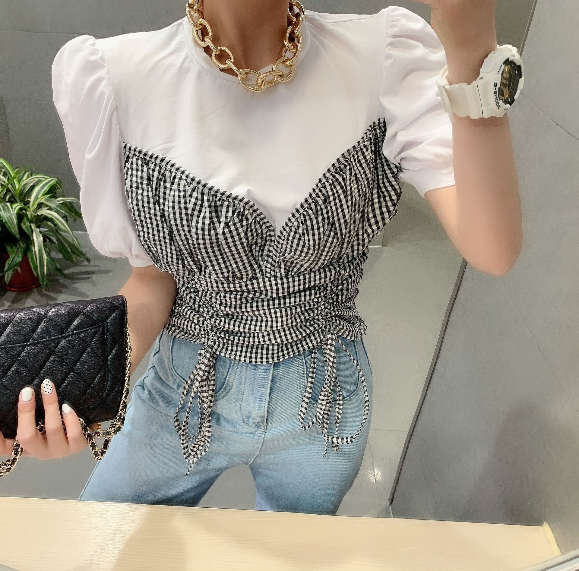 Puff sleeve stitching check T-shirt