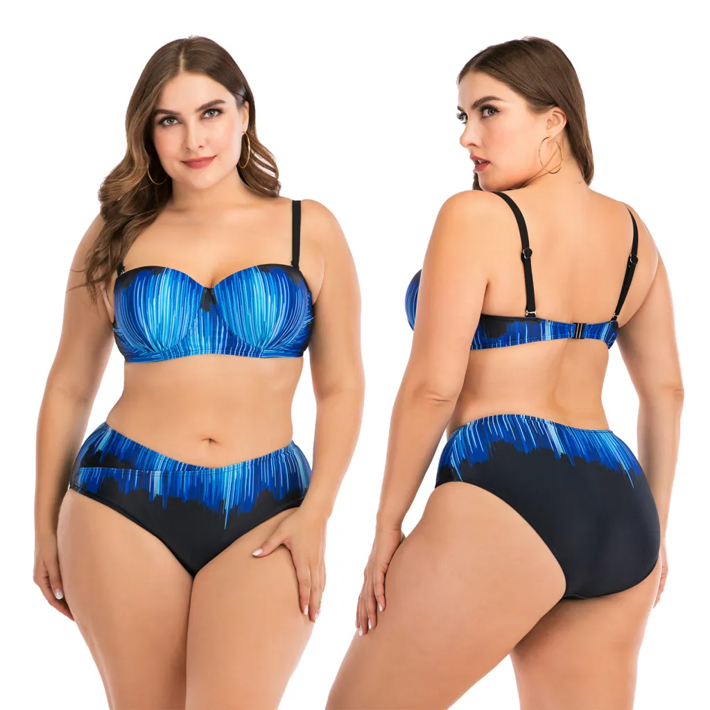 Fat woman underwire big cup ladies swimsuit - Blue