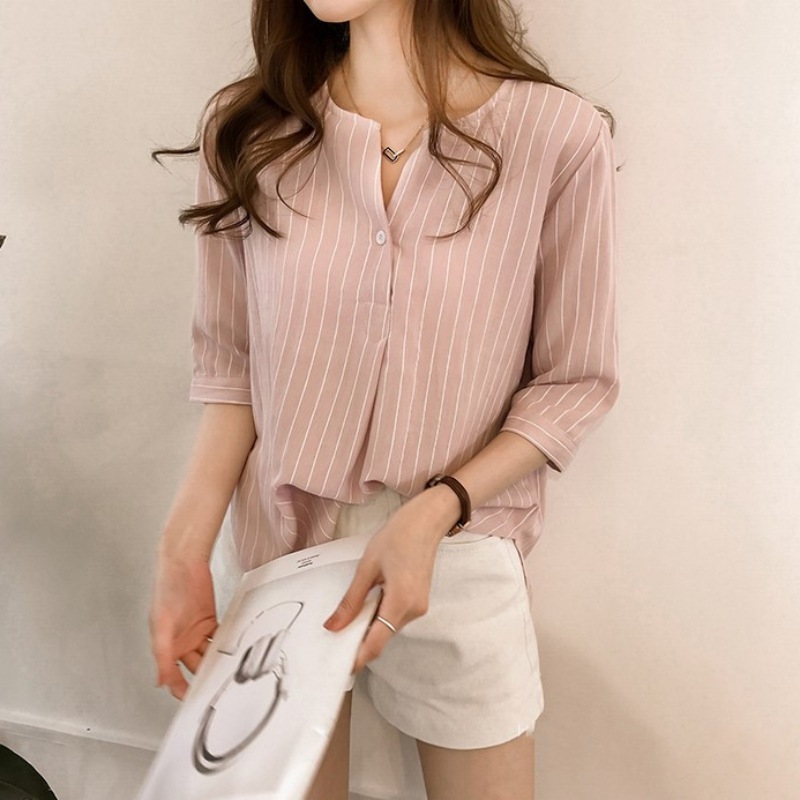 Summer striped shirt round neck short sleeve top