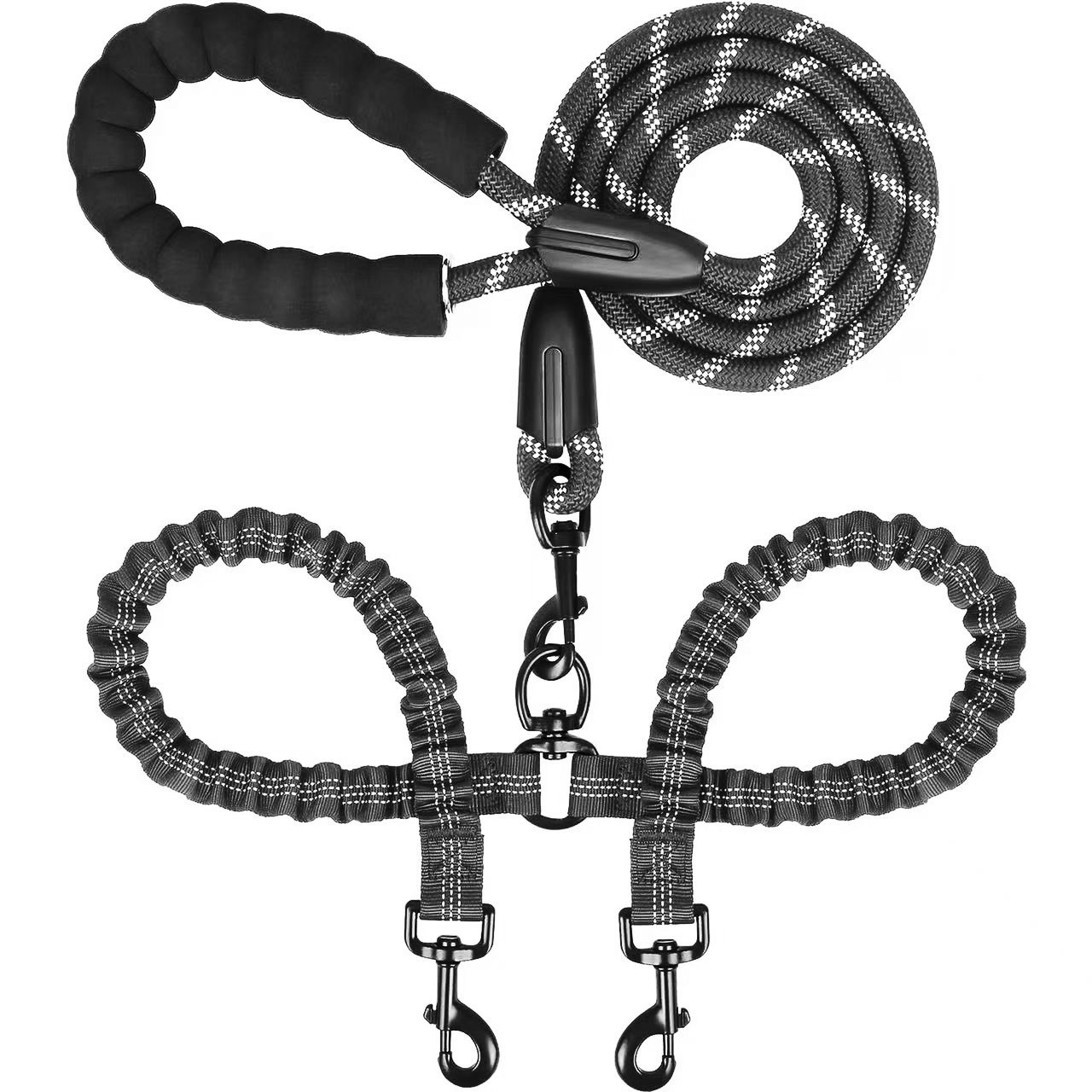 Double Dog Leash,No Dual Leash, Swivel Free Bungee Walking Training For Medium Small Dogs, Shock Absorbing Bungee Reflective For Two Dogs