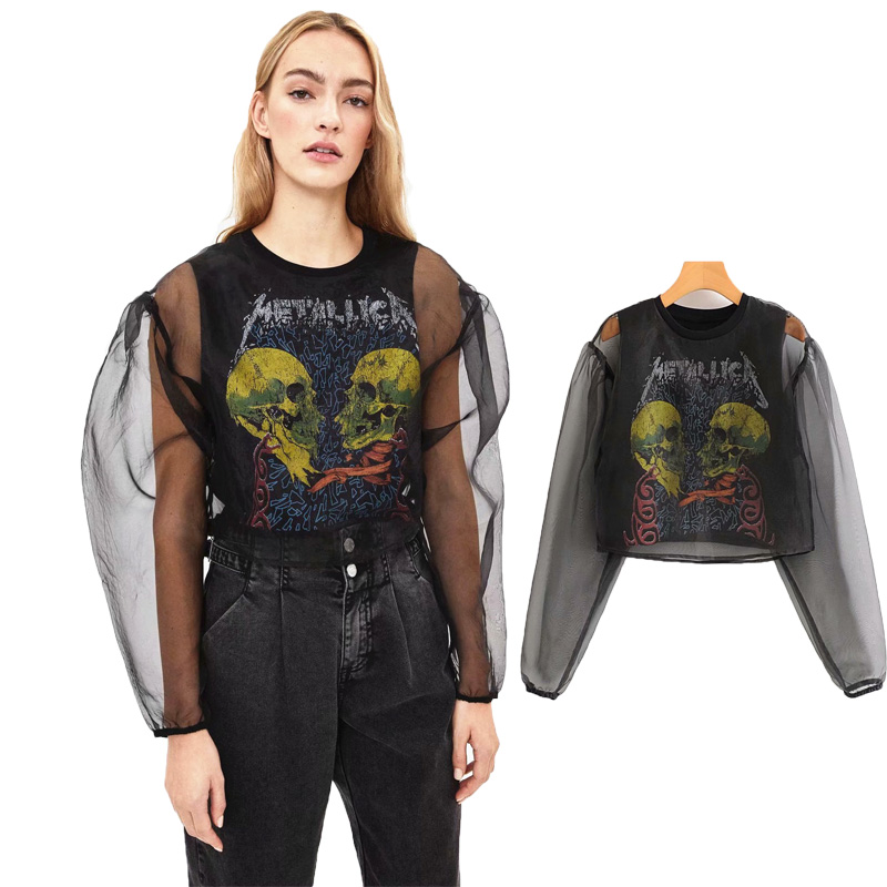 Organza shirt puff sleeve print top