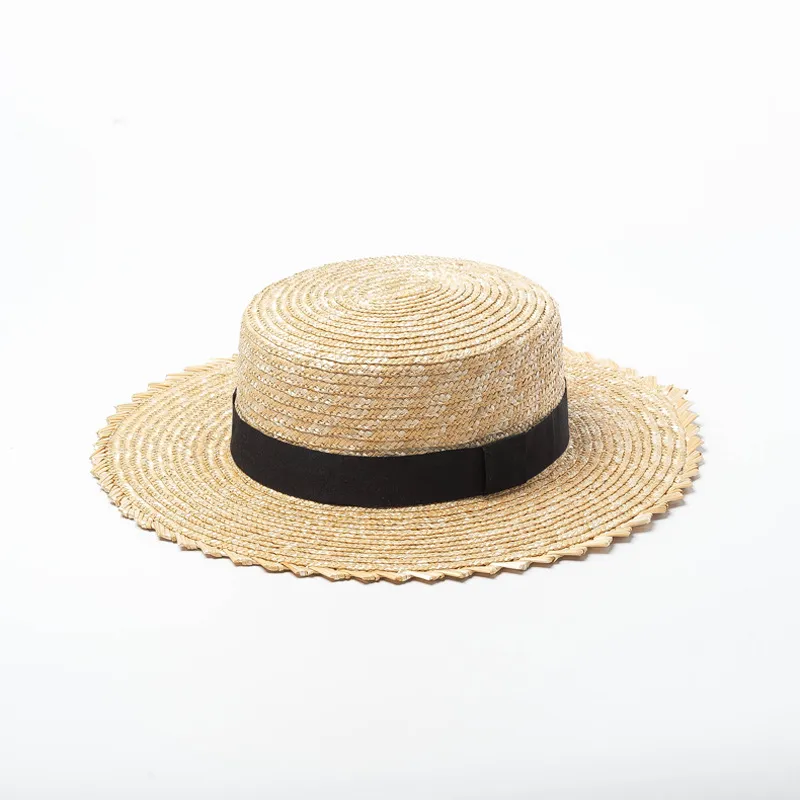 Spring And Summer New Pattern Wavy Side Straw Flat Top Hat - Natural Color