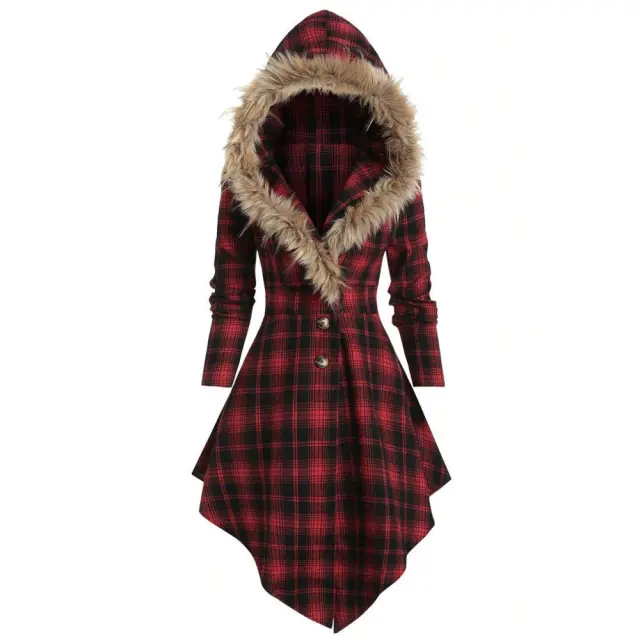 Fur collar hooded slim plaid back mid length jacket Red - Shop at LoveMi