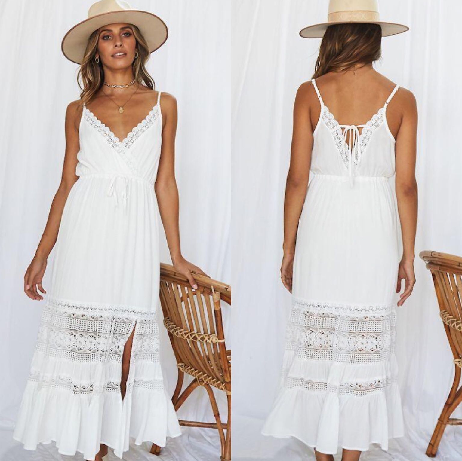 V-neck dress with long skirt