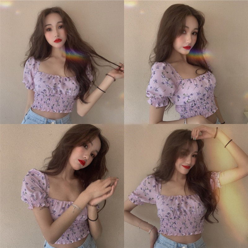 Square collar French floral shirt