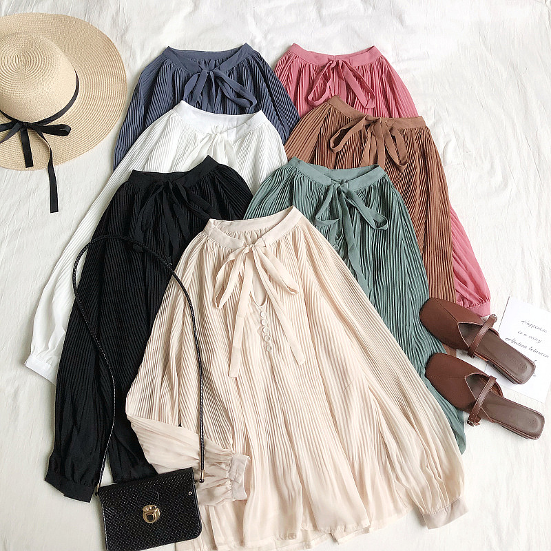 Lace up flowing pleated long-sleeved chiffon shirt