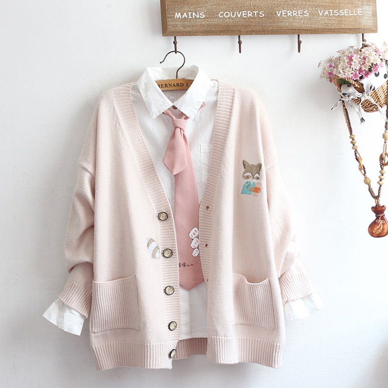 Girly heart pocket fox embroidery knitted cardigan
