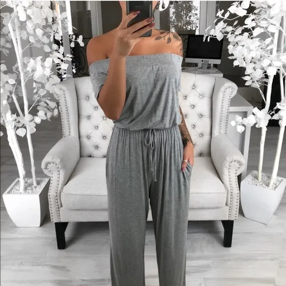 One line neck slim short sleeved stitching jumpsuit Grey - Shop at LoveMi
