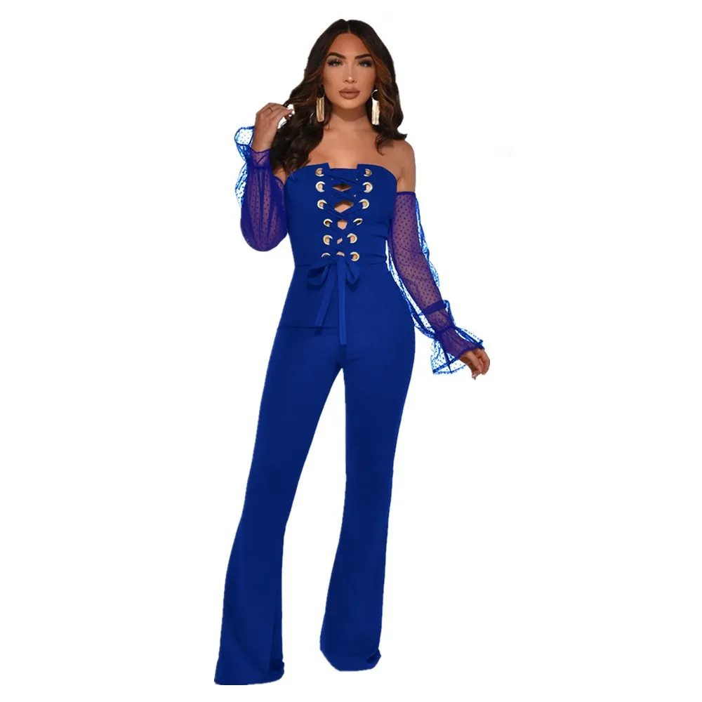Hollow wide-leg casual jumpsuit - Blue