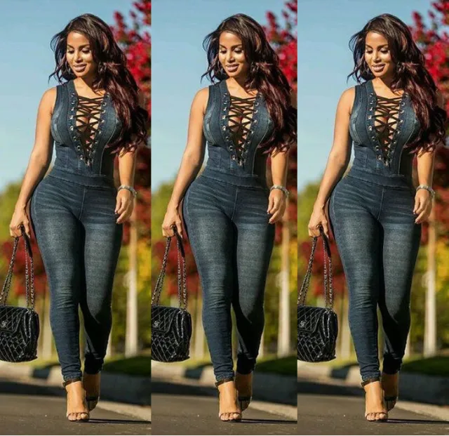 Denim slim slimming breasts set eyelets denim jumpsuit Blue - Shop at LoveMi