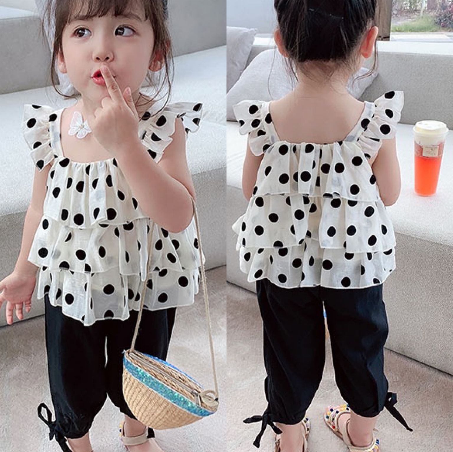 Girls Polka Dot Vest + Pants Two Piece Set
