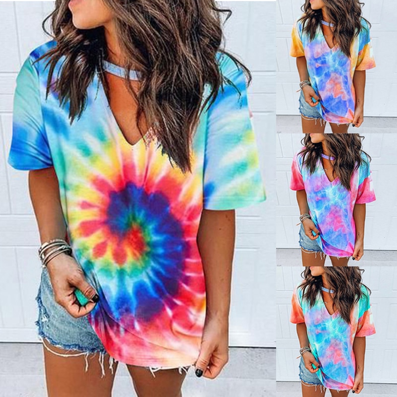 V-neck short sleeve printed tie-dye T-shirt