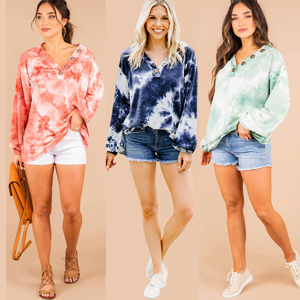 Printed sports long-sleeved jacket tie-dye V-neck sweater