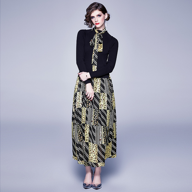 Long-sleeved lace-up color matching dress