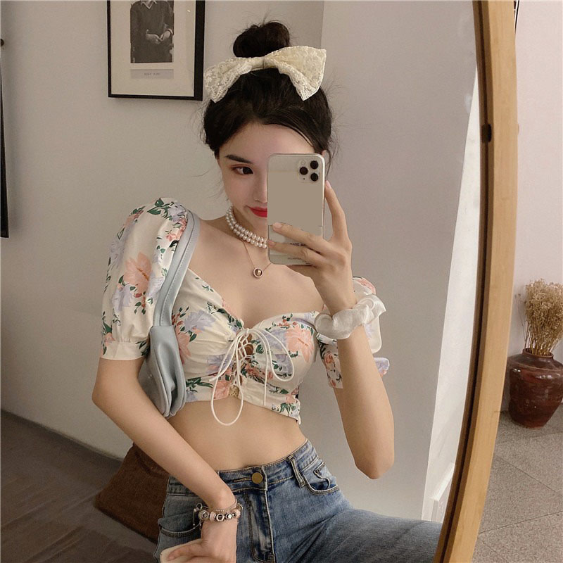 Puff sleeve drawstring lace slim-fit floral shirt