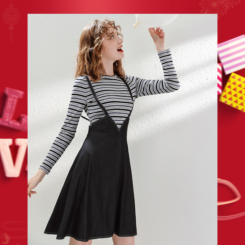 Striped round neck slim slimming dress