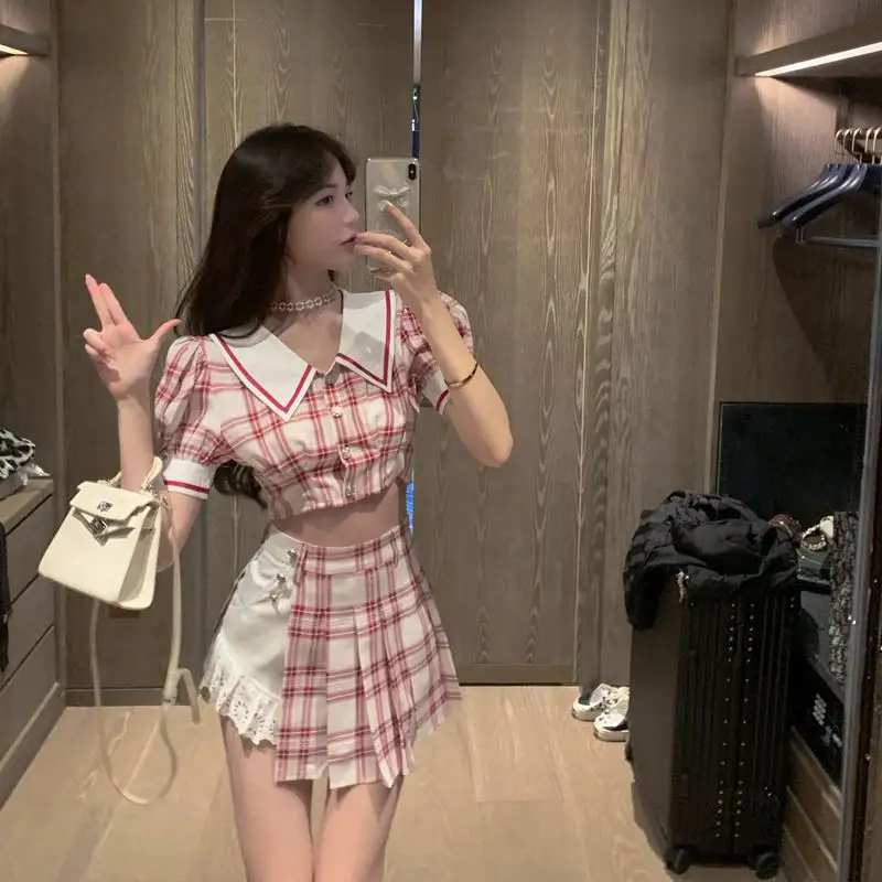 Two-piece Pleated Skirt and Plaid Top