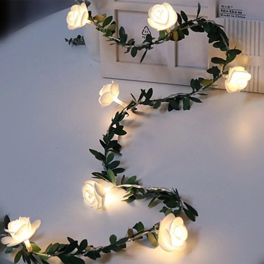 Rose Flower Vine String LED Lights Decoration Green Leaf Garland Battery USB Solar Powered Warm White Fairy Lights – image 3
