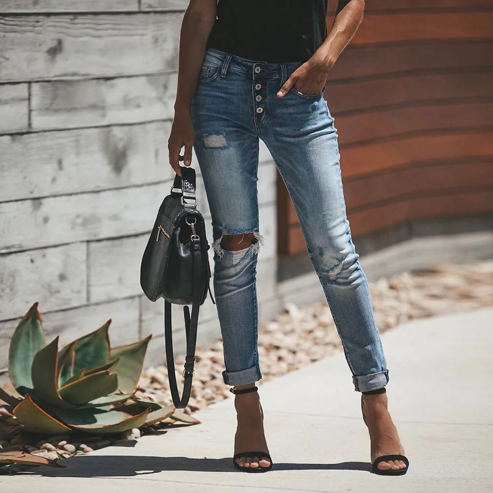 Retro ripped stretch women's jeans - Blue