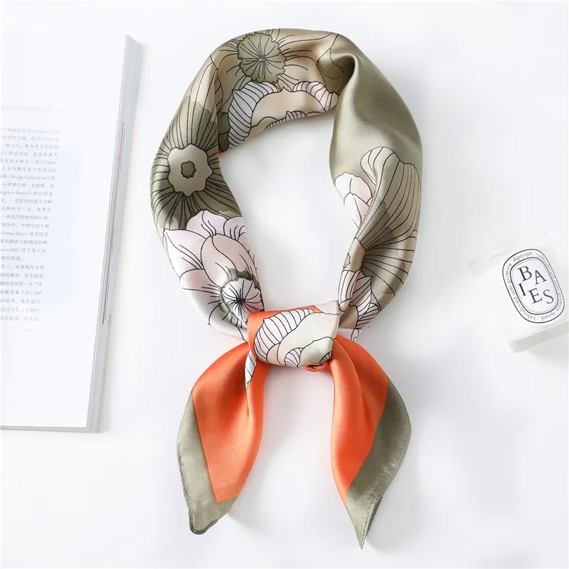 Silk Floral Pattern Silk Scarf Women Spring Summer New Square Scarf - Orange