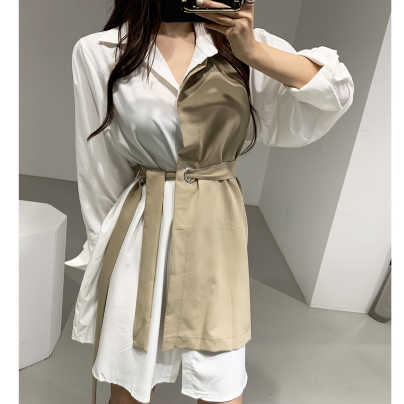 Contrasting waist long sleeve shirt dress