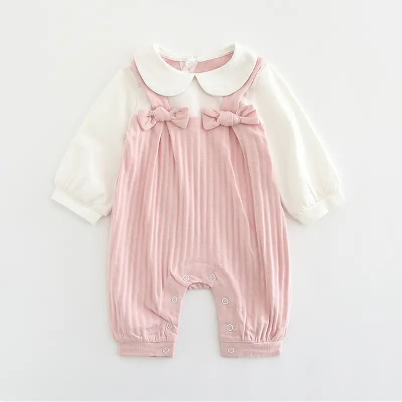 Baby Girl Long Sleeve Jumpsuit with Peter Pan Collar and Bow Detail