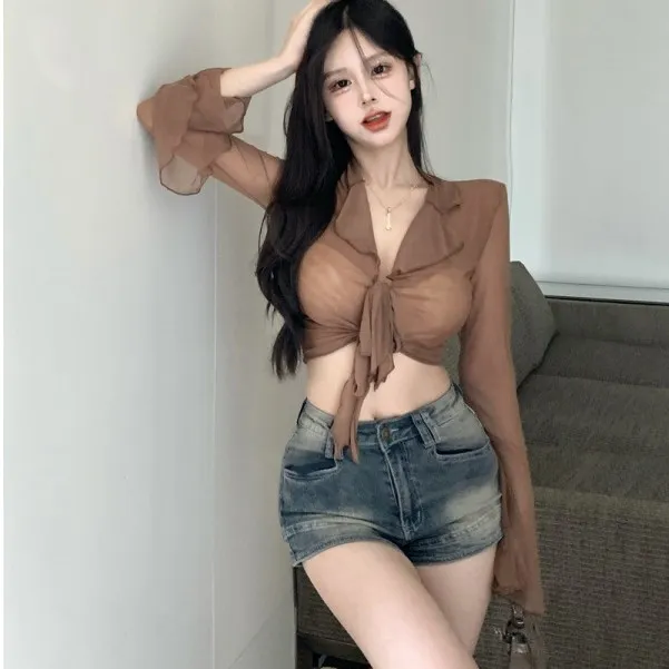 French Spicy Girl Lace Up Long Sleeve Shirt Female Coffee - Shop at LoveMi