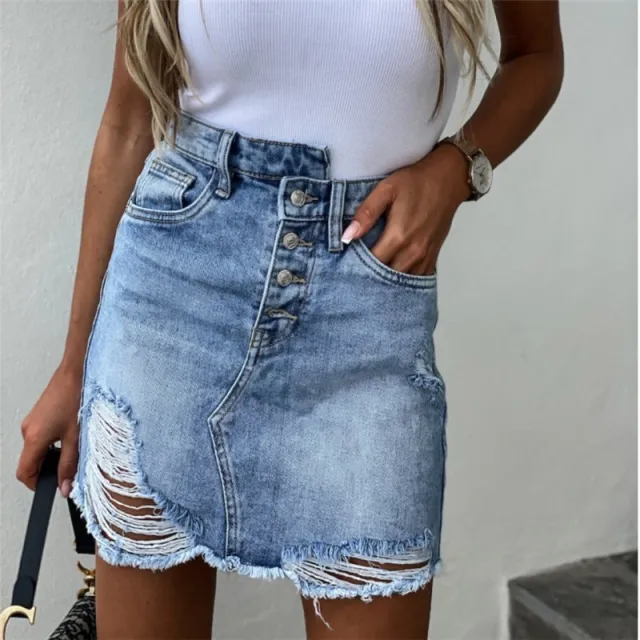 Retro irregular ripped denim skirt Blue - Shop at LoveMi