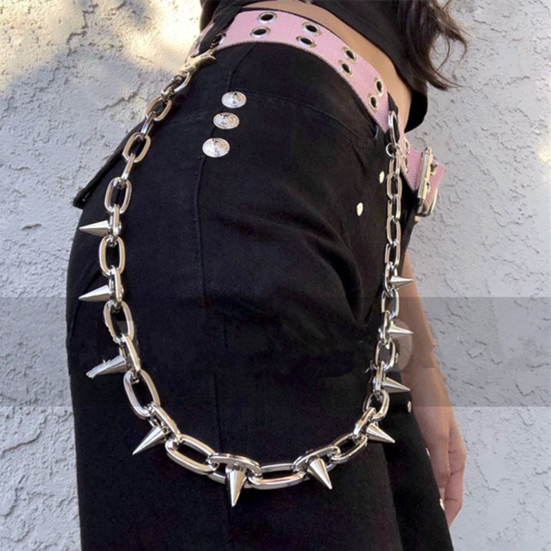 Rivet waist chain pants chain