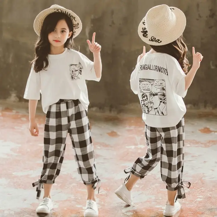 Two-piece Printed Plaid Cropped Trousers