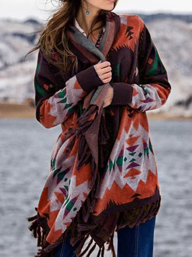 Printed fringed coat