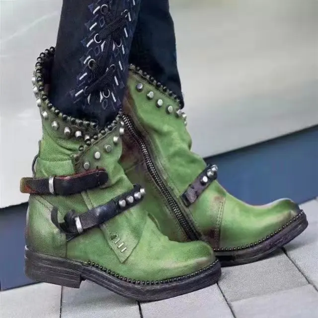 Studded side zipper Martin boots Green - Shop at LoveMi