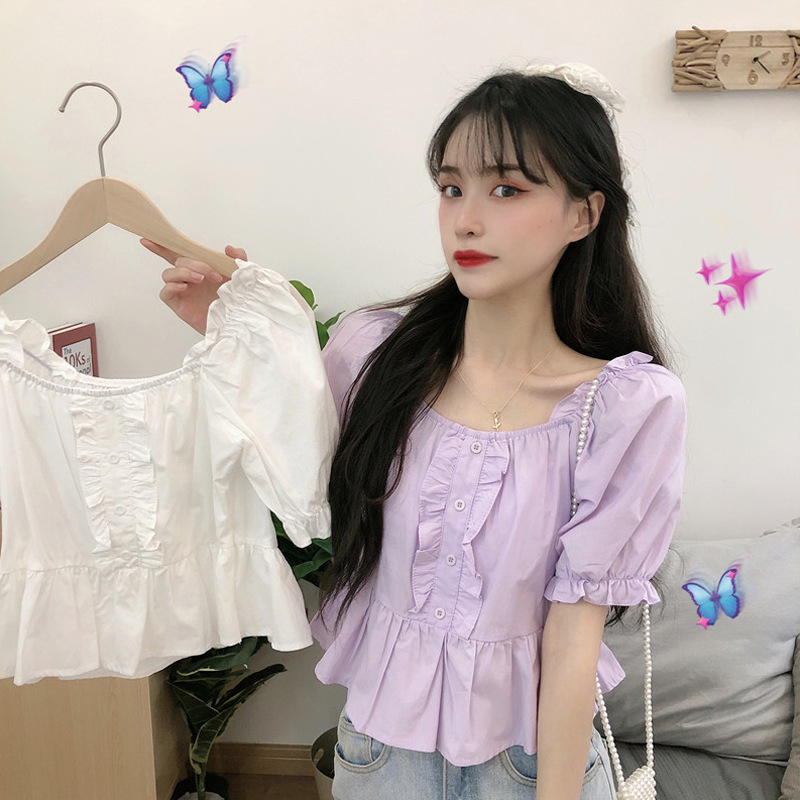 Ruffled square neck puff sleeve shirt