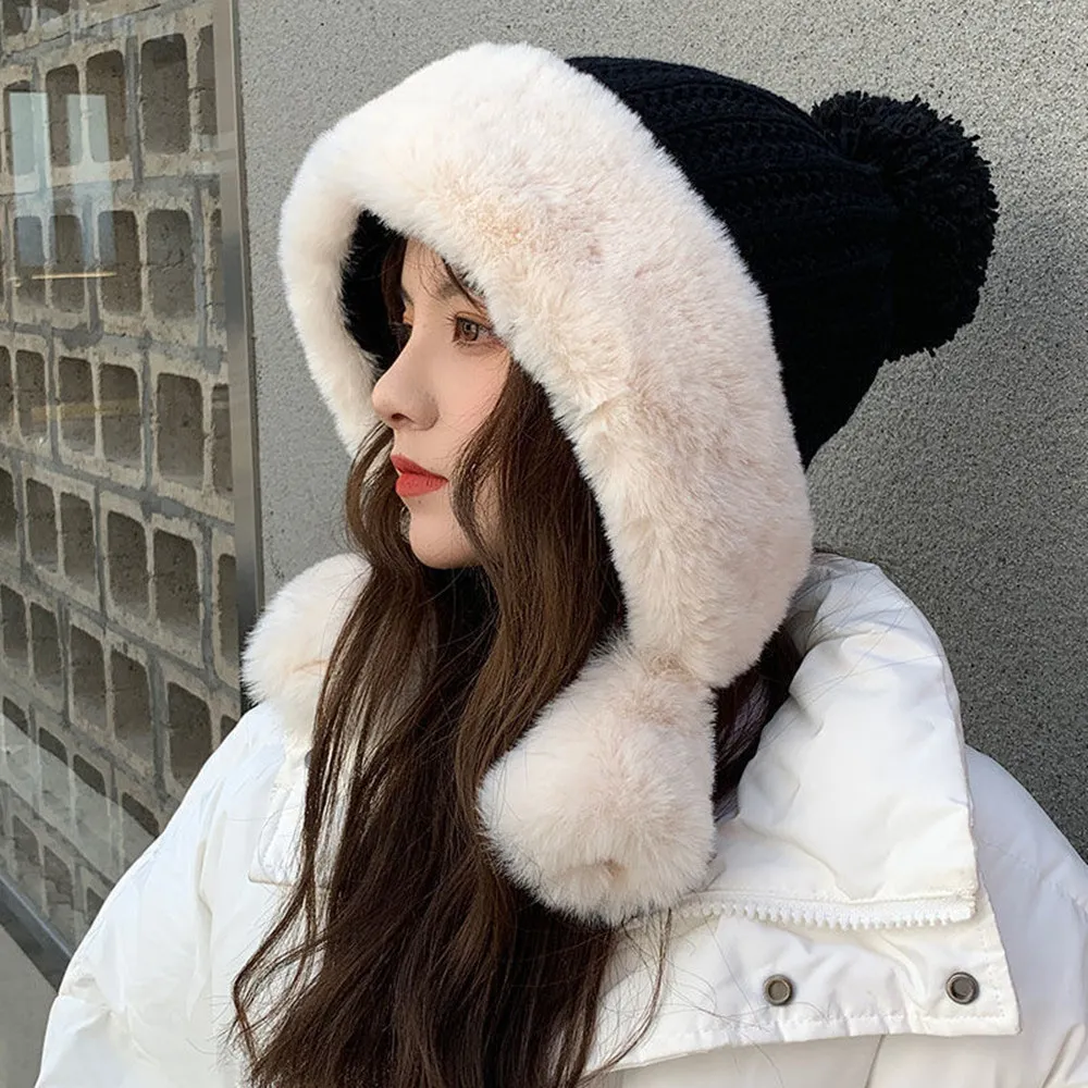 Rabbit Fur Knitted Hat Large Head Fleece Warm - Black