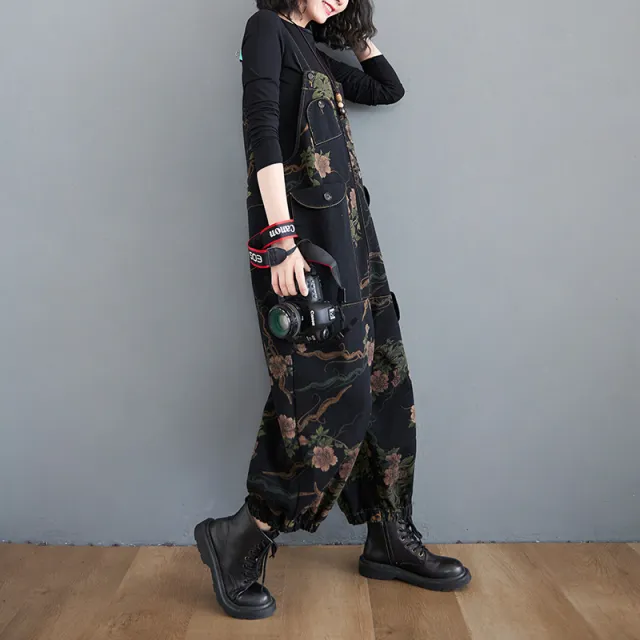 Printed Shoulder Strap Haren Radish Pants Large Loose Jumpsuit Spring And Autumn Retro Peony - Shop at LoveMi